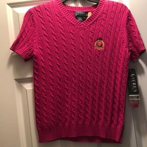 Pink crested knit short sleeve shirt